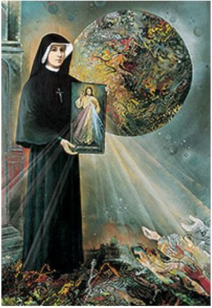 Eine Ordensfrau im schwarzen Habit hält das Bild des barhmherzigen Jesus von dessen Herz Strahlen ausgehen. Hinter Ihr der Planet Erde